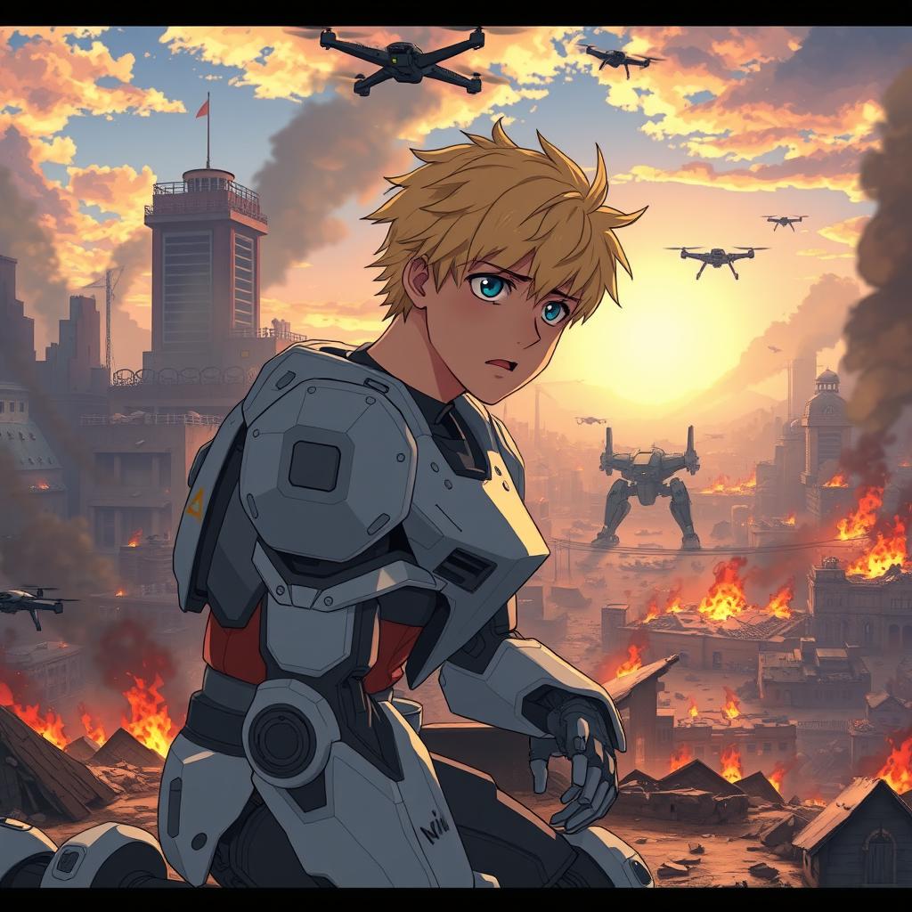 A young man in his 20s with blond hair and blue eyes, kneeling and crying, wearing a Gundam-inspired exoskeleton