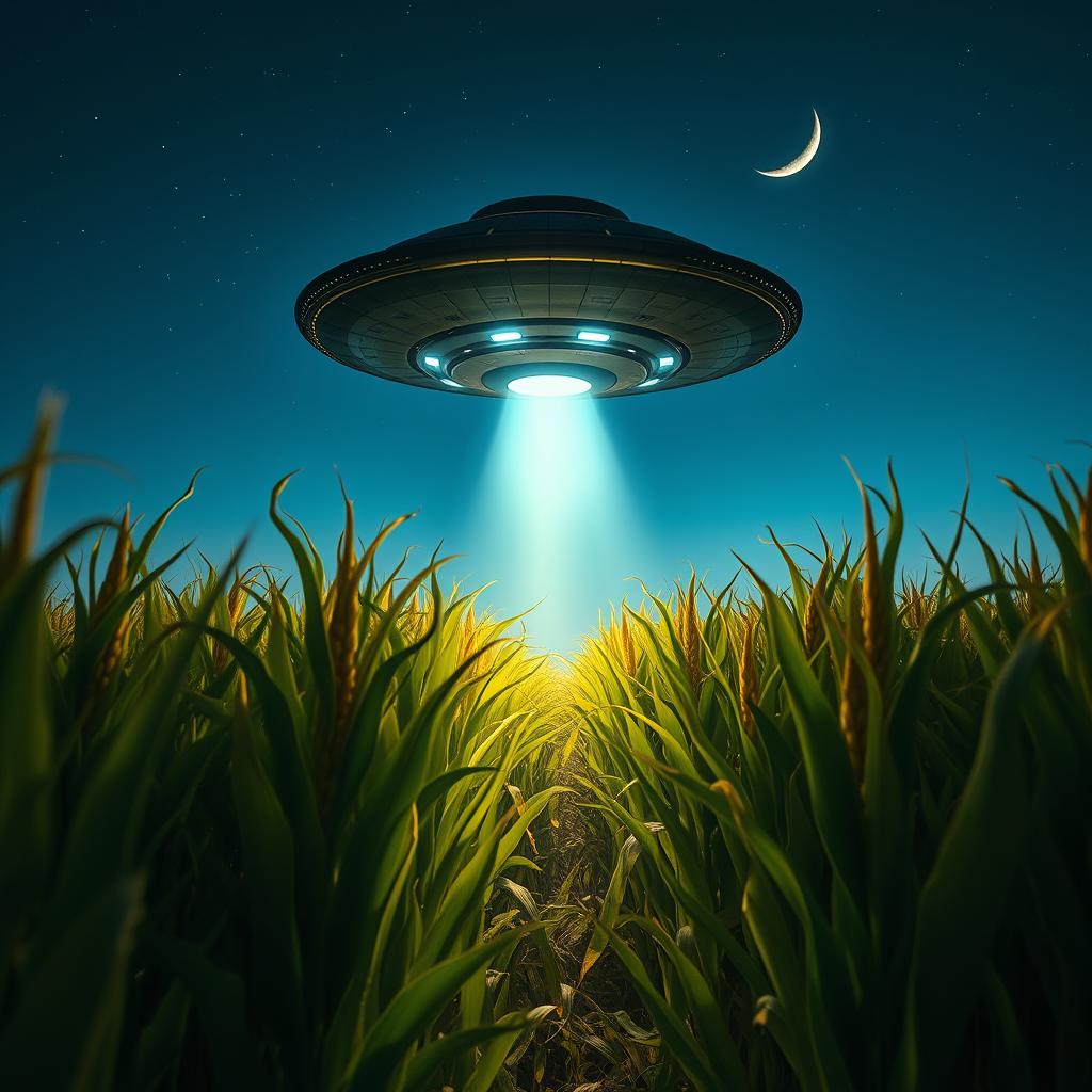 A dramatic raw photograph capturing a UFO hovering over a cornfield, with bright lights beaming down onto the golden corn stalks
