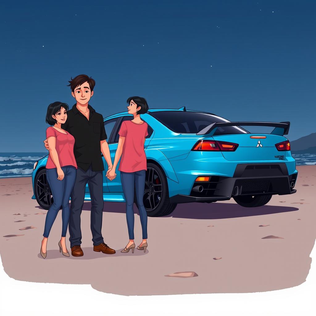 A 2D cartoon illustration of a Mitsubishi Lancer Evo X model in a sky blue color parked on a beach at night