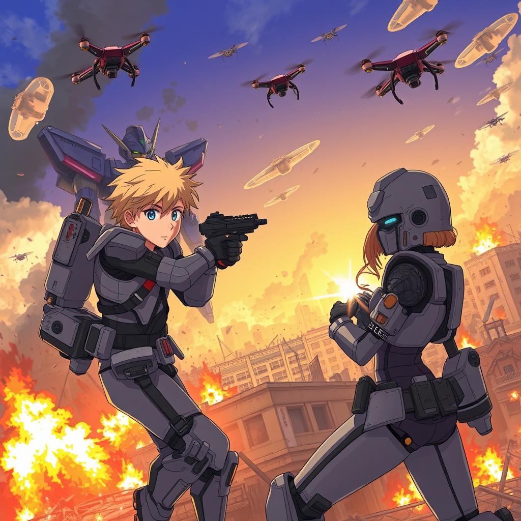 A young man in his 20s with blond hair and blue eyes is seen in a dynamic pose, wearing a Gundam-inspired exoskeleton