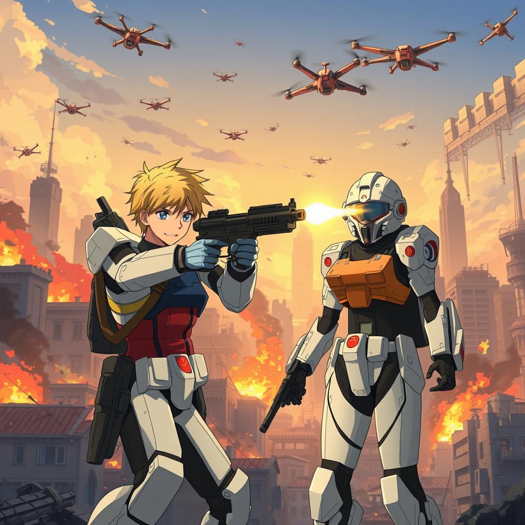 A man in his 20s with blond hair and blue eyes, wearing a Gundam-inspired exoskeleton, is shooting at a female enemy soldier