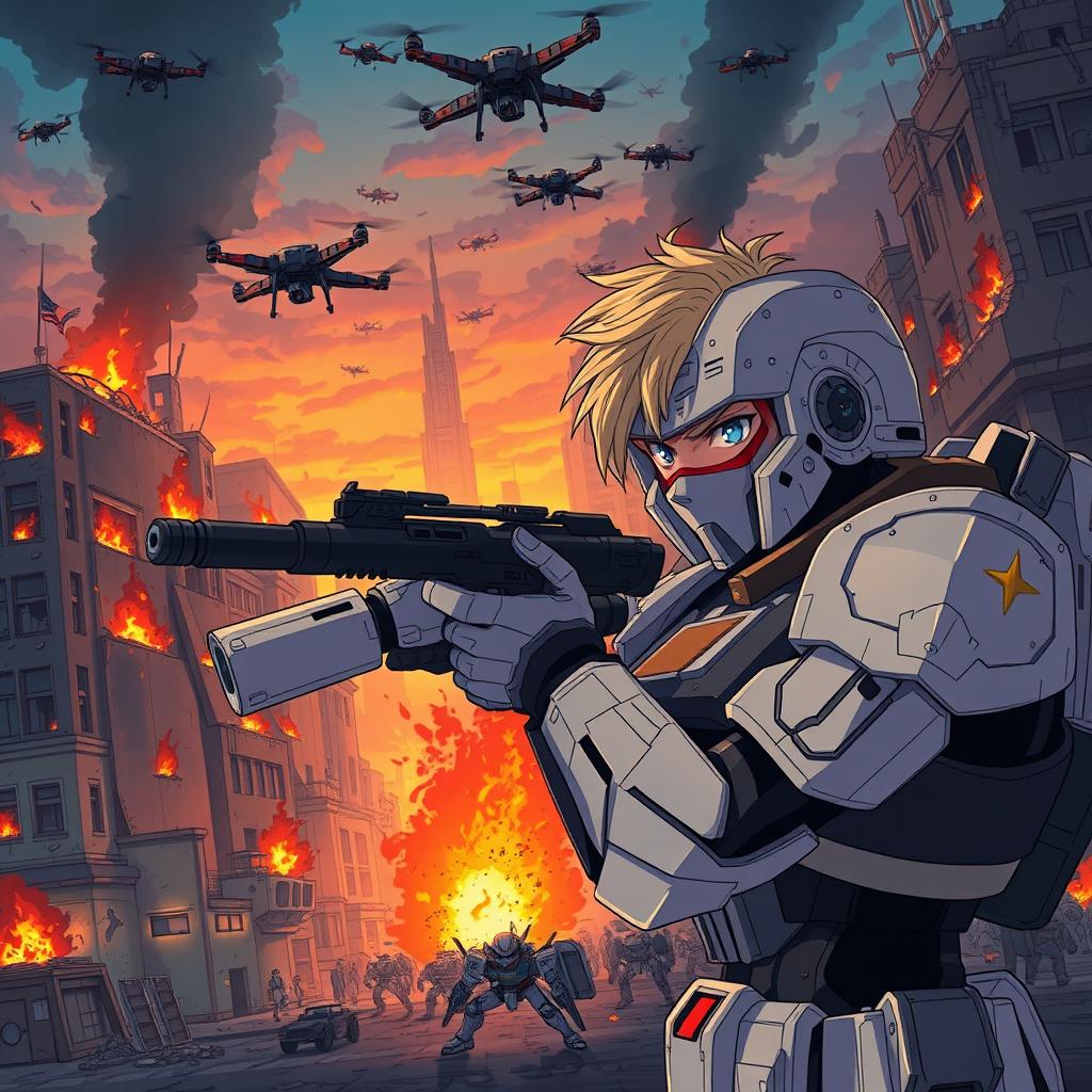 A tense scene set at dawn in a city engulfed in chaos, featuring a man in his 20s with blond hair and blue eyes, wearing a Gundam-inspired exoskeleton