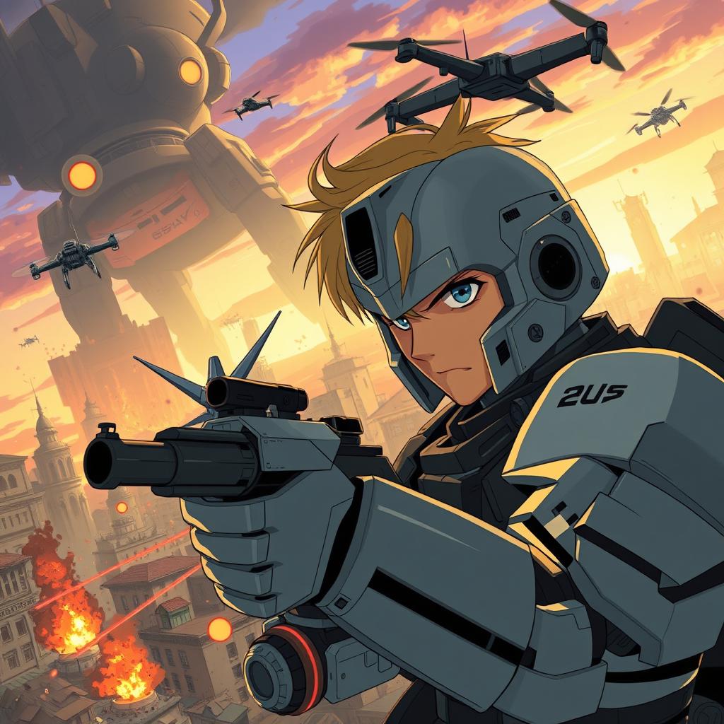 A scene depicting a tense moment in a fantasy world inspired by Studio Ghibli's anime style, featuring a man in his 20s with blond hair and blue eyes, wearing a Gundam-inspired exoskeleton
