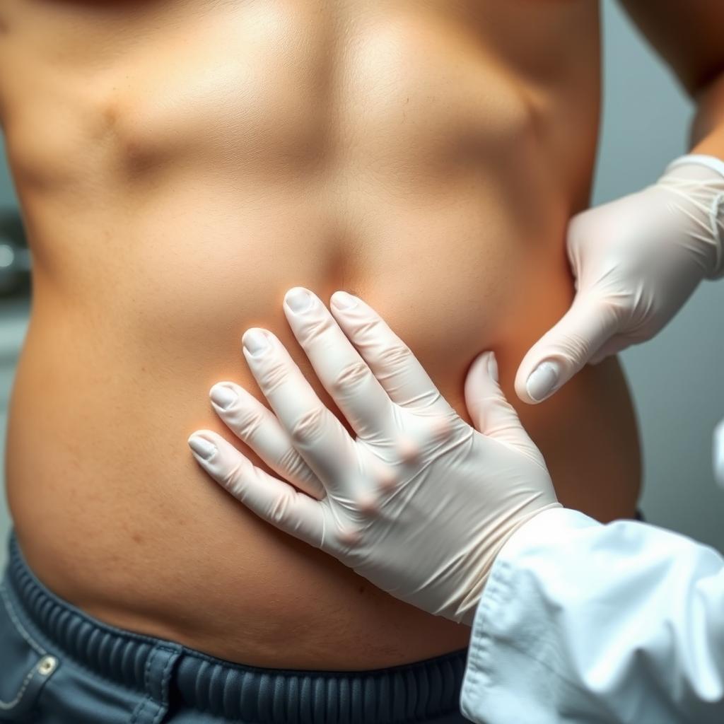 A close-up shot focusing solely on the abdomen of a patient and the hands of a doctor examining it