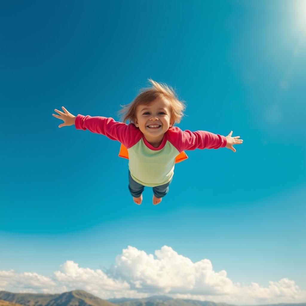 A young child with bright, playful clothing soaring through a clear blue sky, arms outstretched as if flying like a superhero
