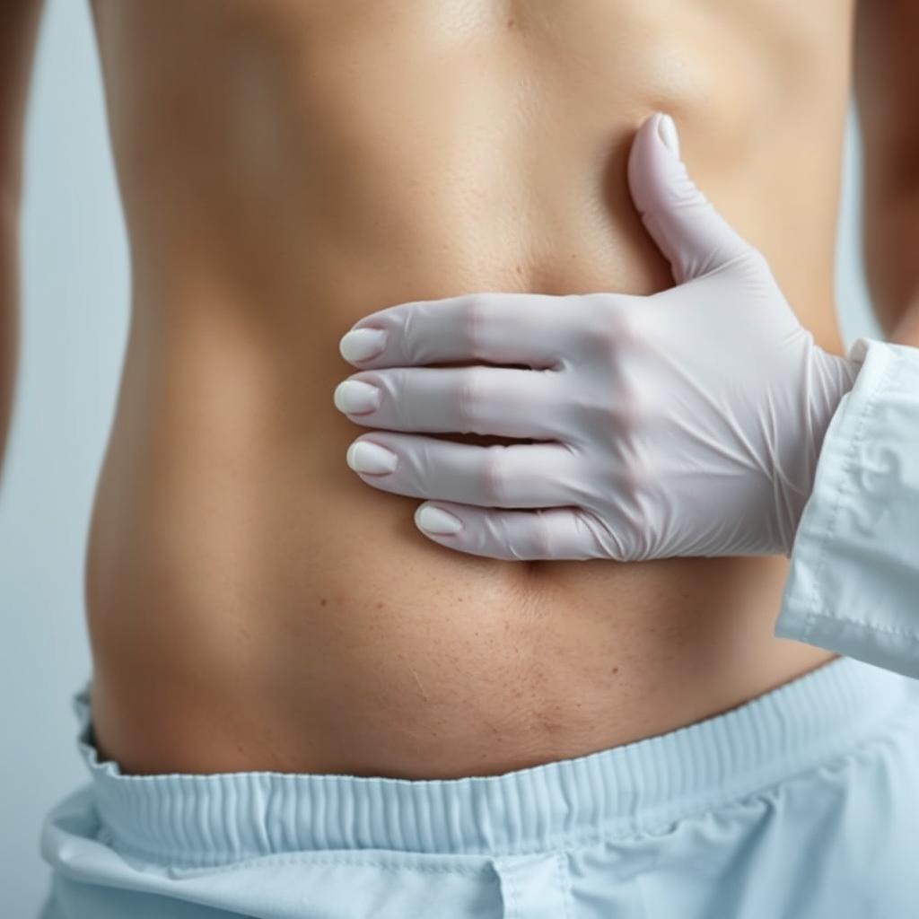 A close-up shot focusing solely on the abdomen of a patient, with only the hand of a doctor gently examining it