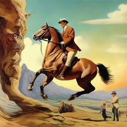 An adjustment to the previous scene: A horse humorously and skillfully riding a man, situated within a surreal backdrop.