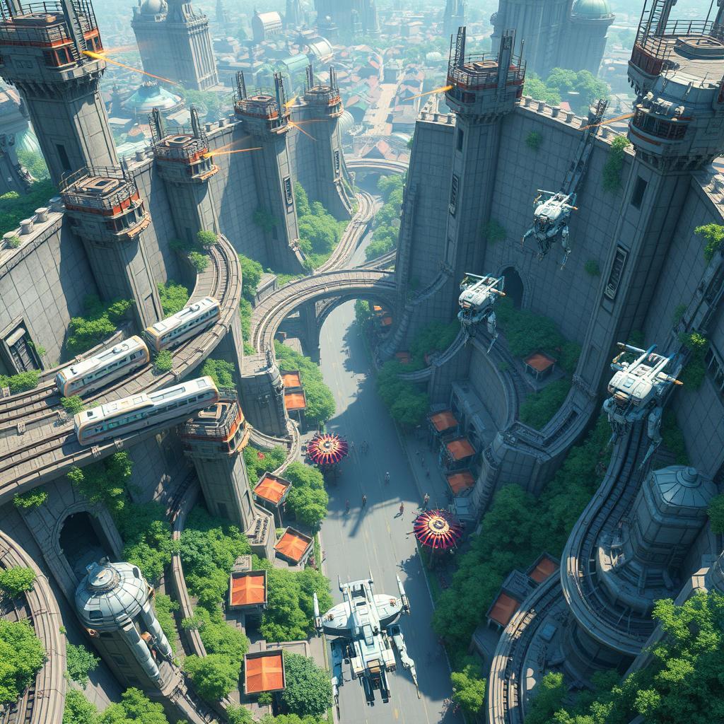 A bird's-eye view of a futuristic citadel city featuring towering high walls equipped with guns and lasers