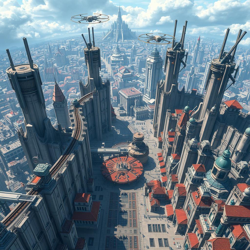A futuristic city viewed from a bird's eye perspective, featuring tall high walls fortified with guns and laser installations