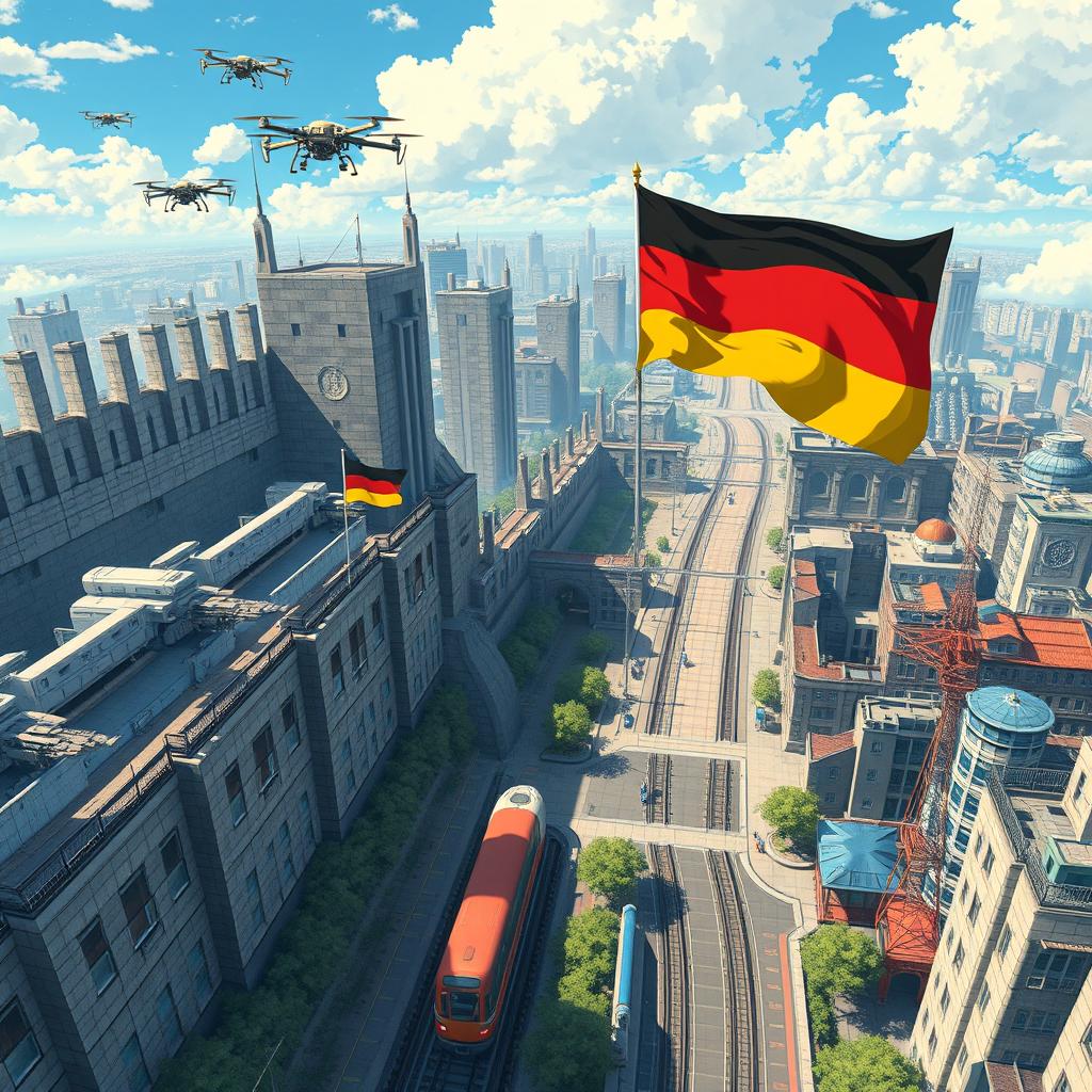 A birds-eye view of a futuristic citadel city characterized by high walls, equipped with mounted guns and lasers