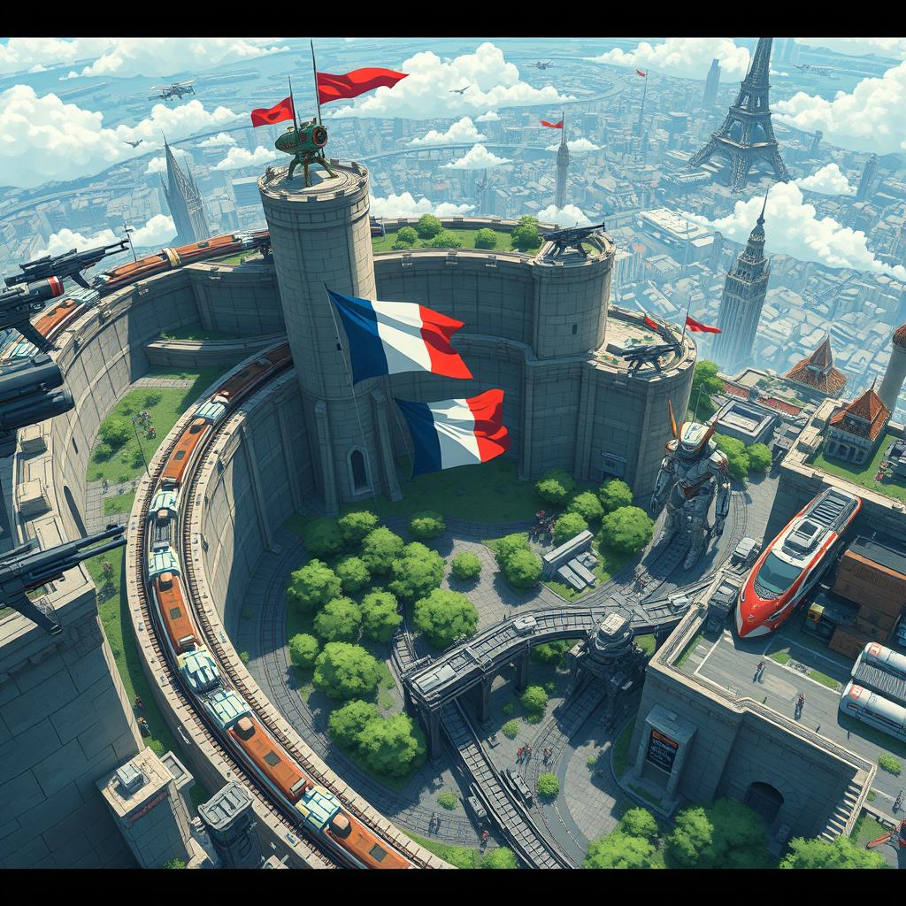 A bird's eye view of a futuristic citadel city featuring high fortress walls adorned with advanced weaponry, including guns and lasers