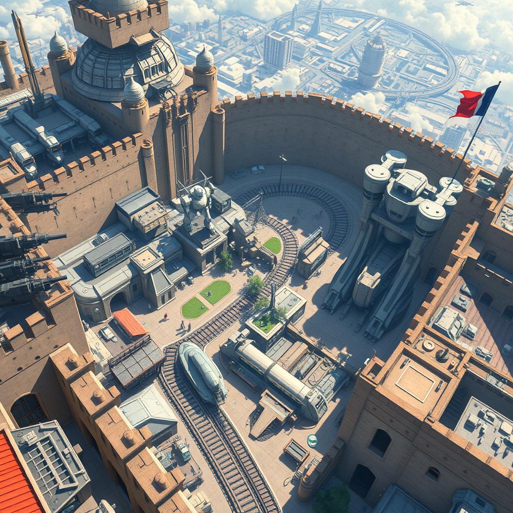 A breathtaking bird's eye view of a futuristic citadel city characterized by high walls fortified with advanced weaponry including guns and lasers