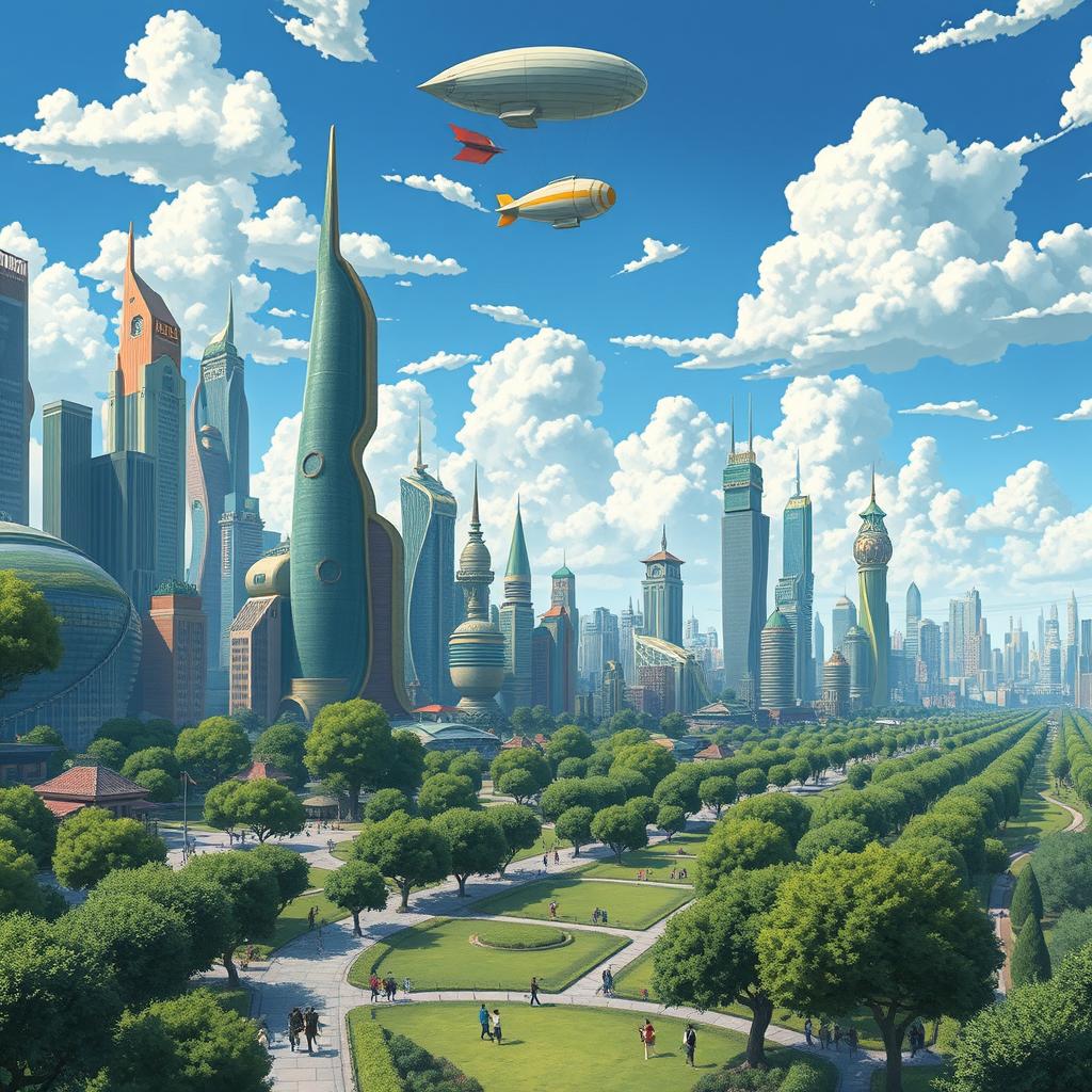 A sprawling futuristic cityscape, inspired by the enchanting animation style of Studio Ghibli, featuring lush green parks interspersed with vibrant, colorful skyscrapers
