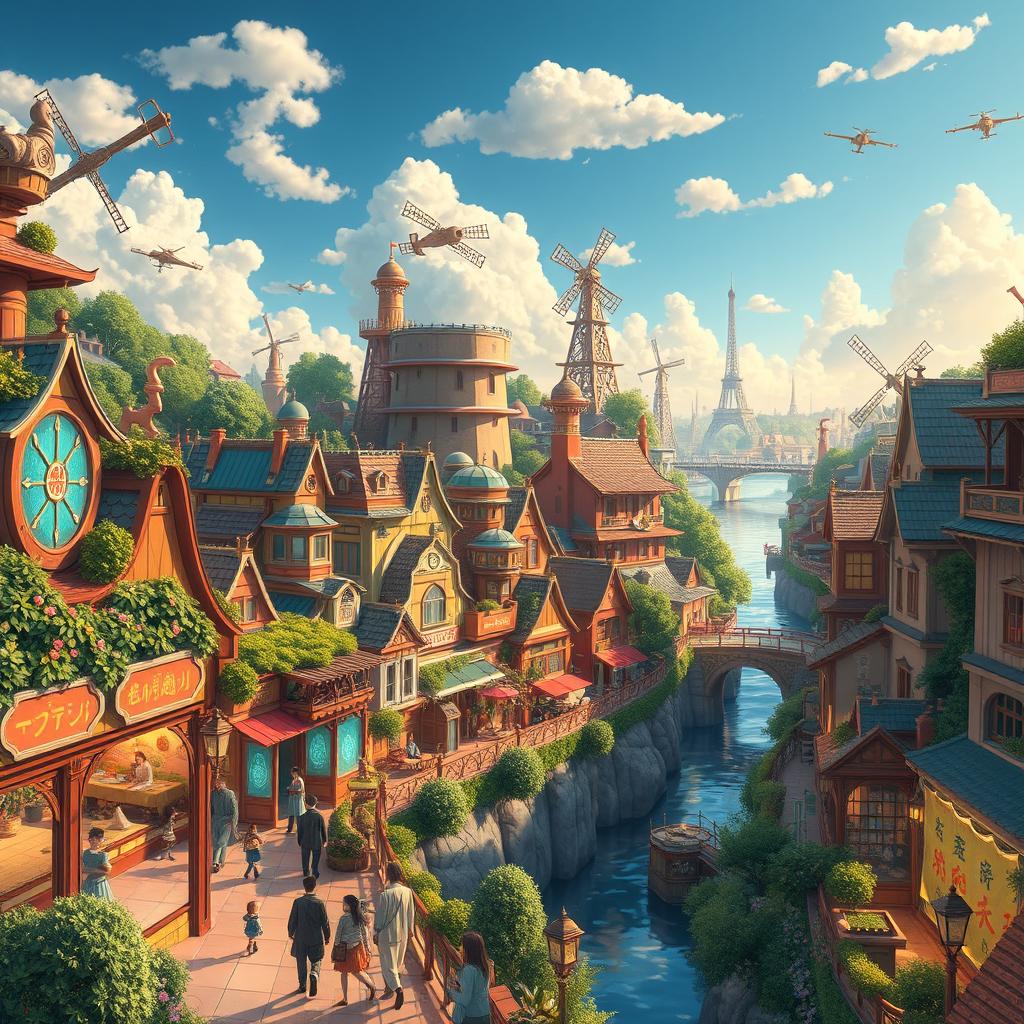 A vibrant and whimsical futuristic city, inspired by Studio Ghibli's enchanting animation style, filled with colorful and intricate buildings, flying vehicles, and lush greenery throughout
