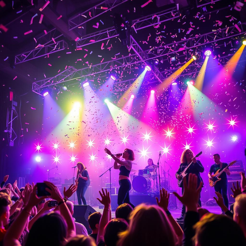 A vibrant and dynamic concert scene featuring a band performing on stage with colorful lights in the background