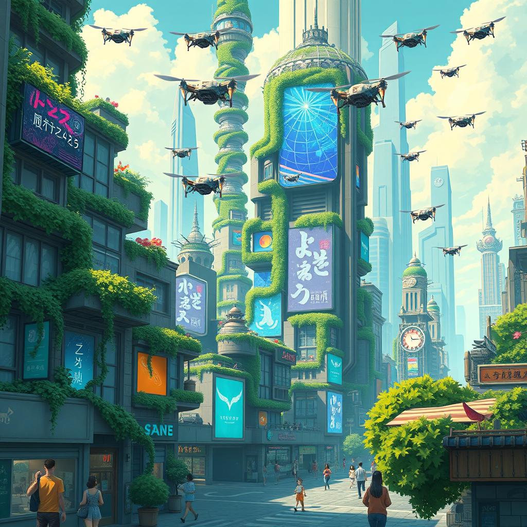 A vibrant futuristic cityscape filled with flying drones and enormous digital screens adorning the towering buildings