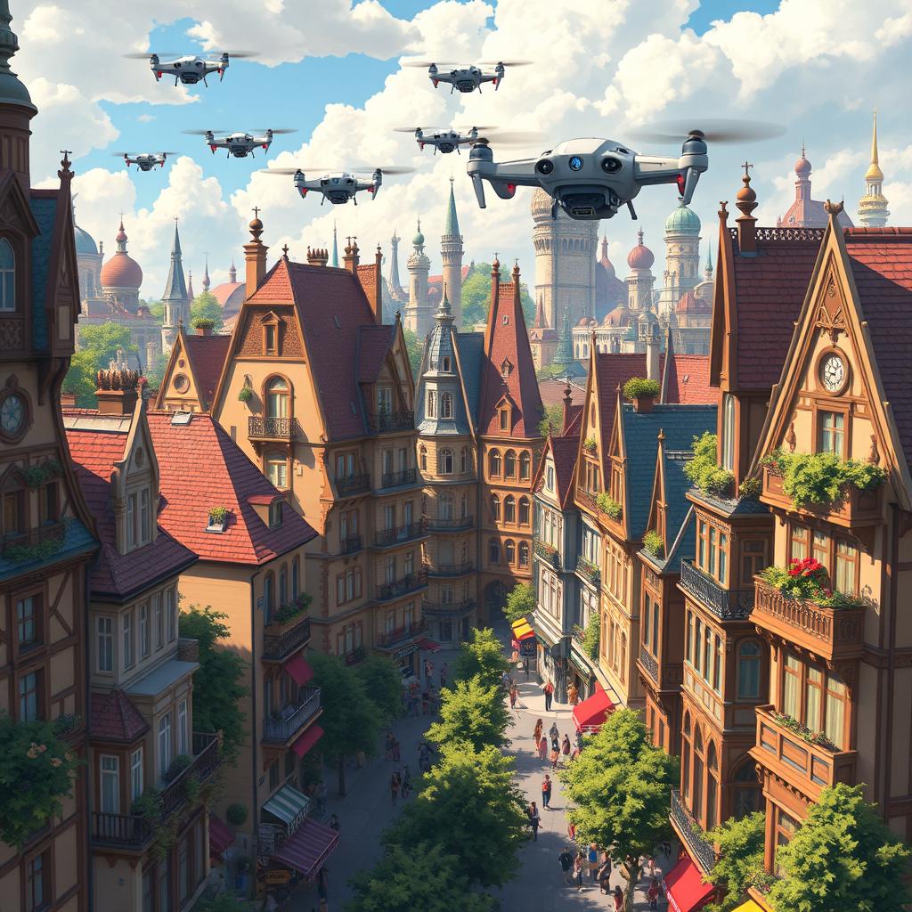 A breathtaking futuristic city filled with intricate buildings featuring European-inspired architecture, such as curved rooftops, ornate facades, and colorful balconies
