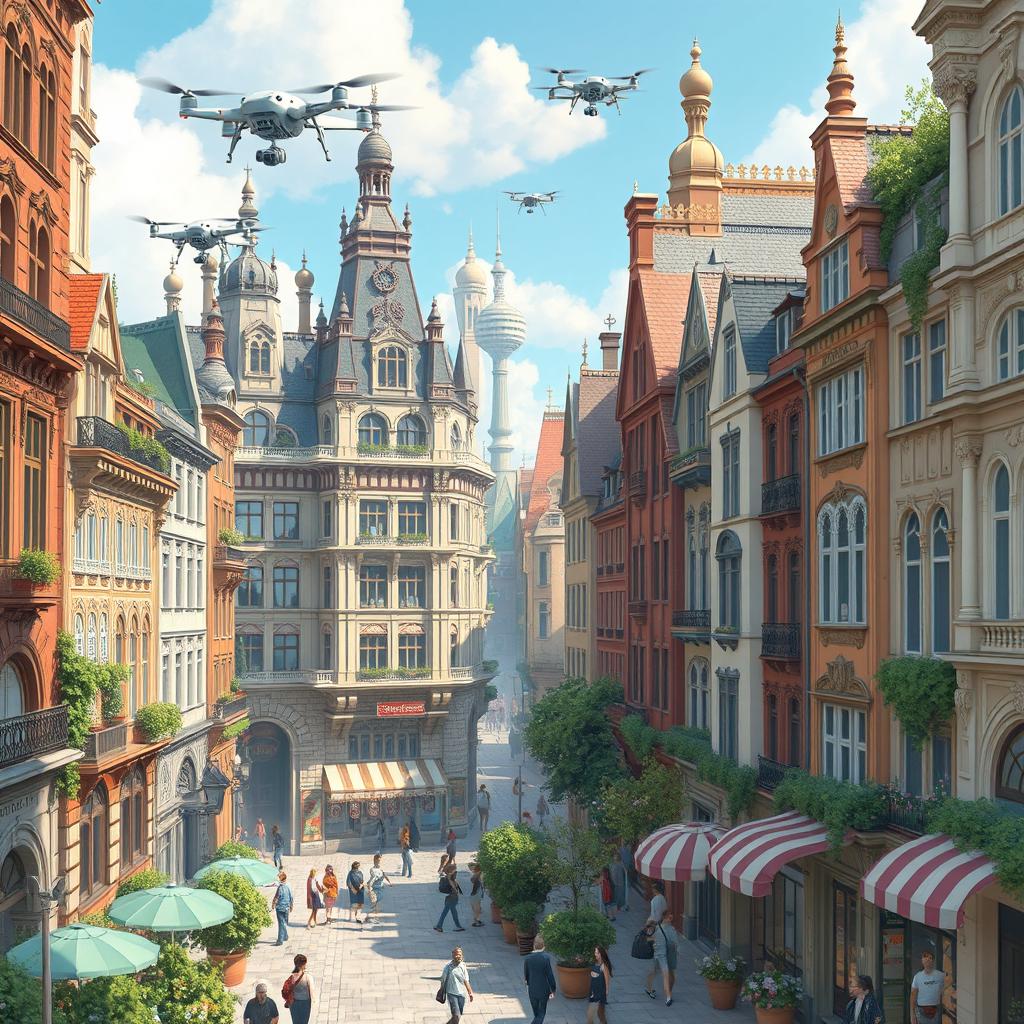 A bustling futuristic cityscape with flying drones and a harmonious blend of European and futuristic architecture, showcasing ornate buildings reminiscent of classic European designs, integrated with sleek, modern elements and greenery