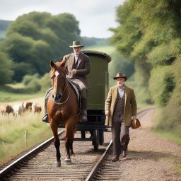 Update to the scene: The horse and the man, previously in a humorous horse-riding-man scenario, now companionably riding together on an old-fashioned train through scenic countryside.