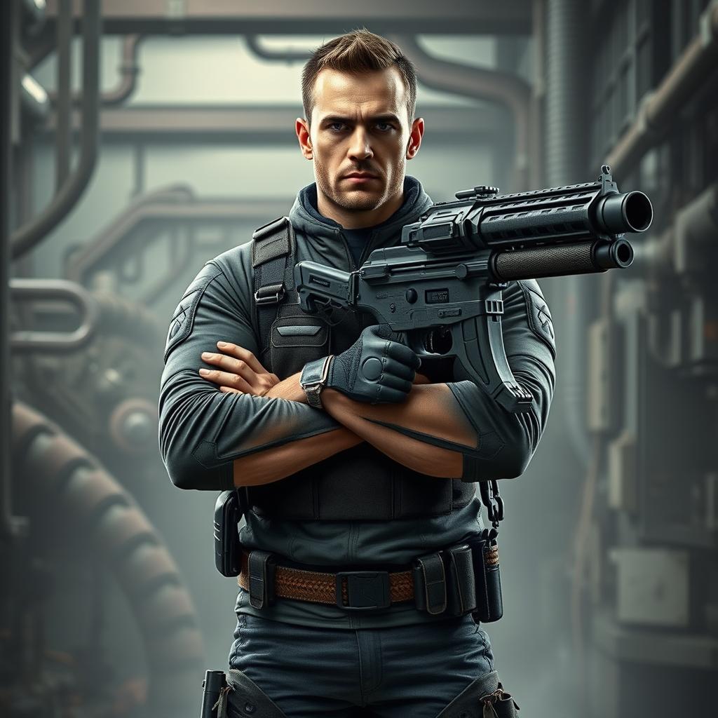 A realistic image of a man standing straight with arms crossed, a futuristic mecha machine gun attached to his right shoulder