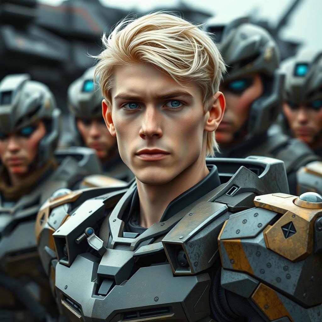 A scene depicting a man in his 20s wearing a Gundam inspired exoskeleton, standing in line with other serious soldiers