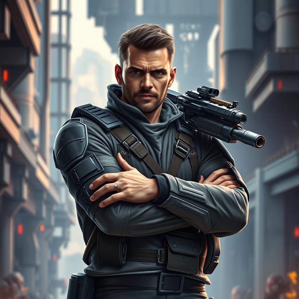 A realistic image of a man standing straight with arms crossed, featuring a mecha machine gun attached to his upper right shoulder