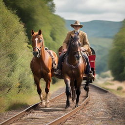 Update to the scene: The horse and the man, previously in a humorous horse-riding-man scenario, now companionably riding together on an old-fashioned train through scenic countryside.