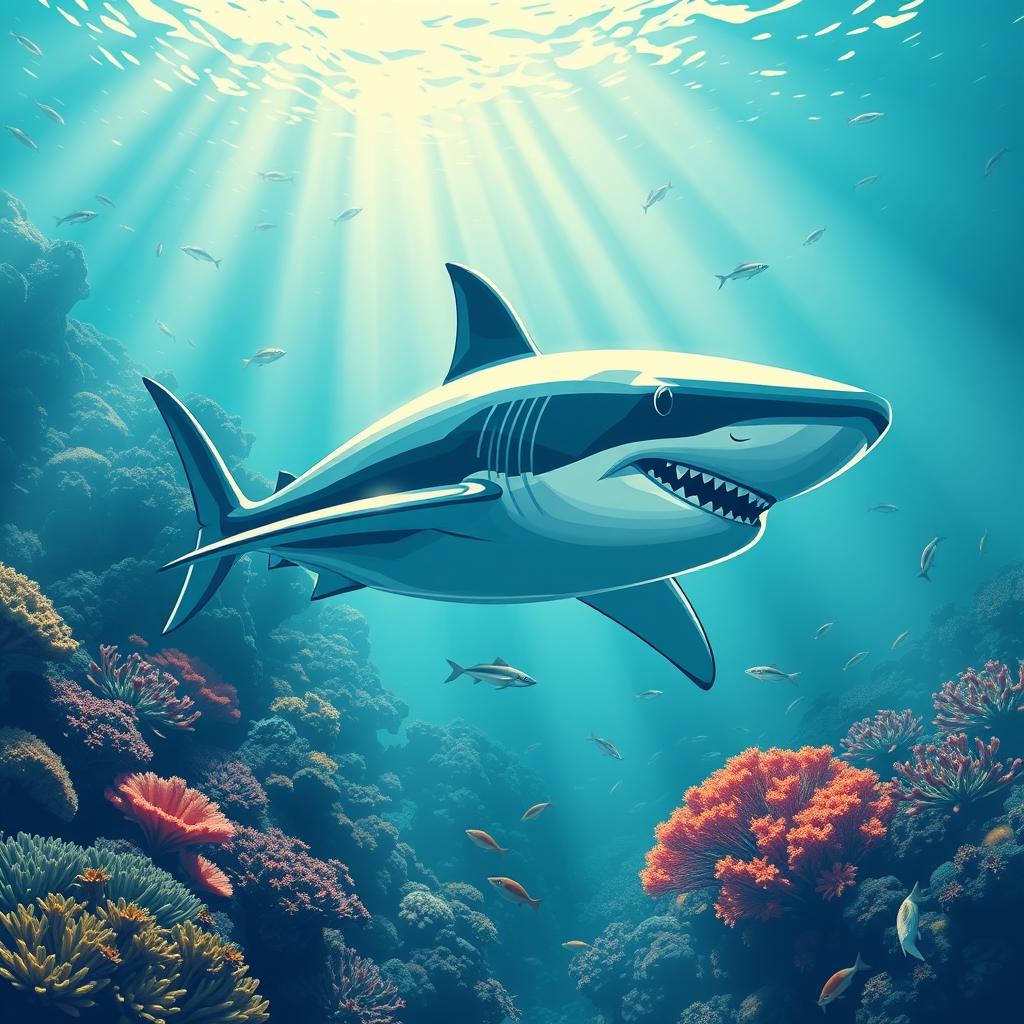 A modern shark poster featuring a sleek, futuristic design of a shark cruising through the deep blue ocean