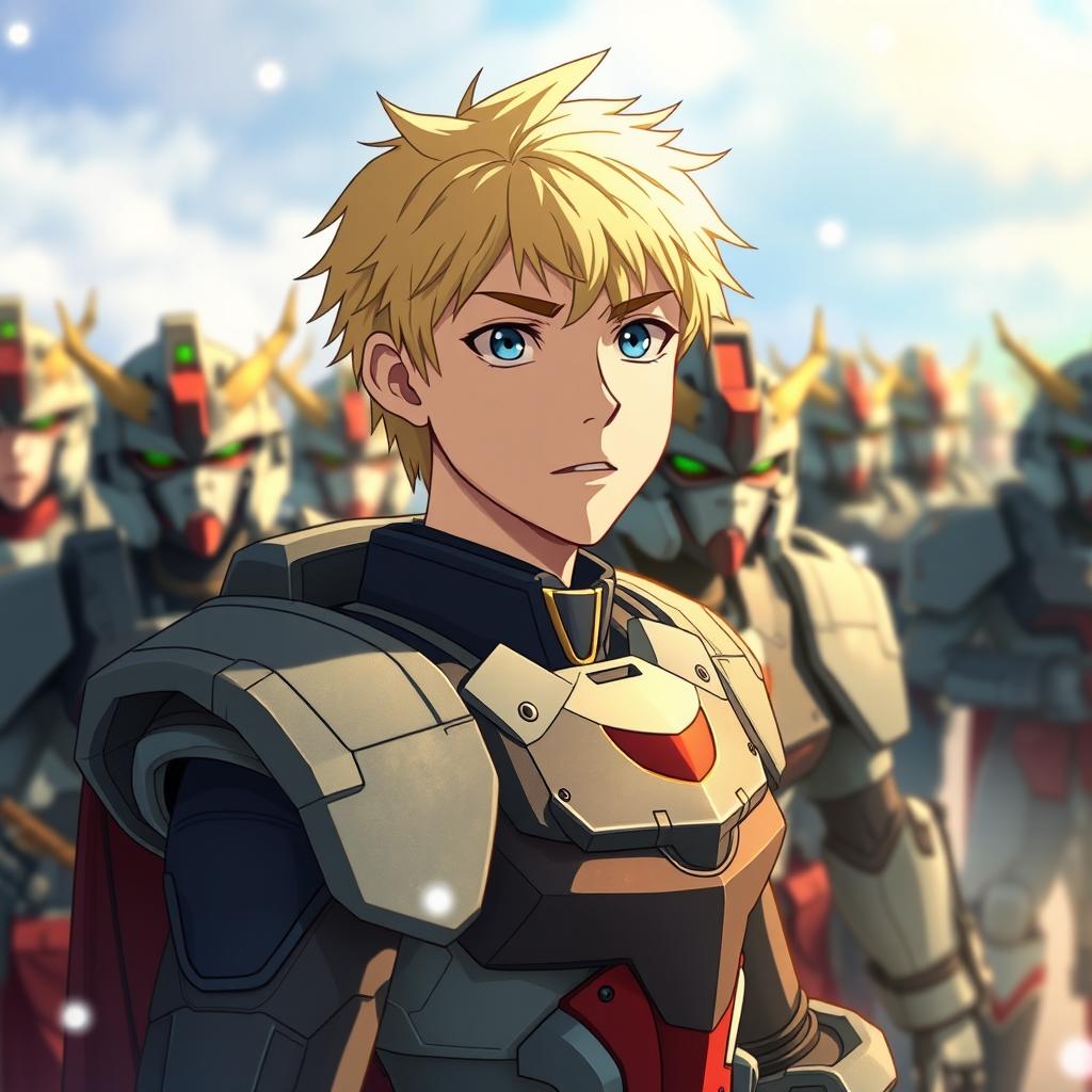 A young man in his 20s with blond hair and blue eyes, wearing a Gundam-inspired exoskeleton, standing in a queue with other serious-faced soldiers