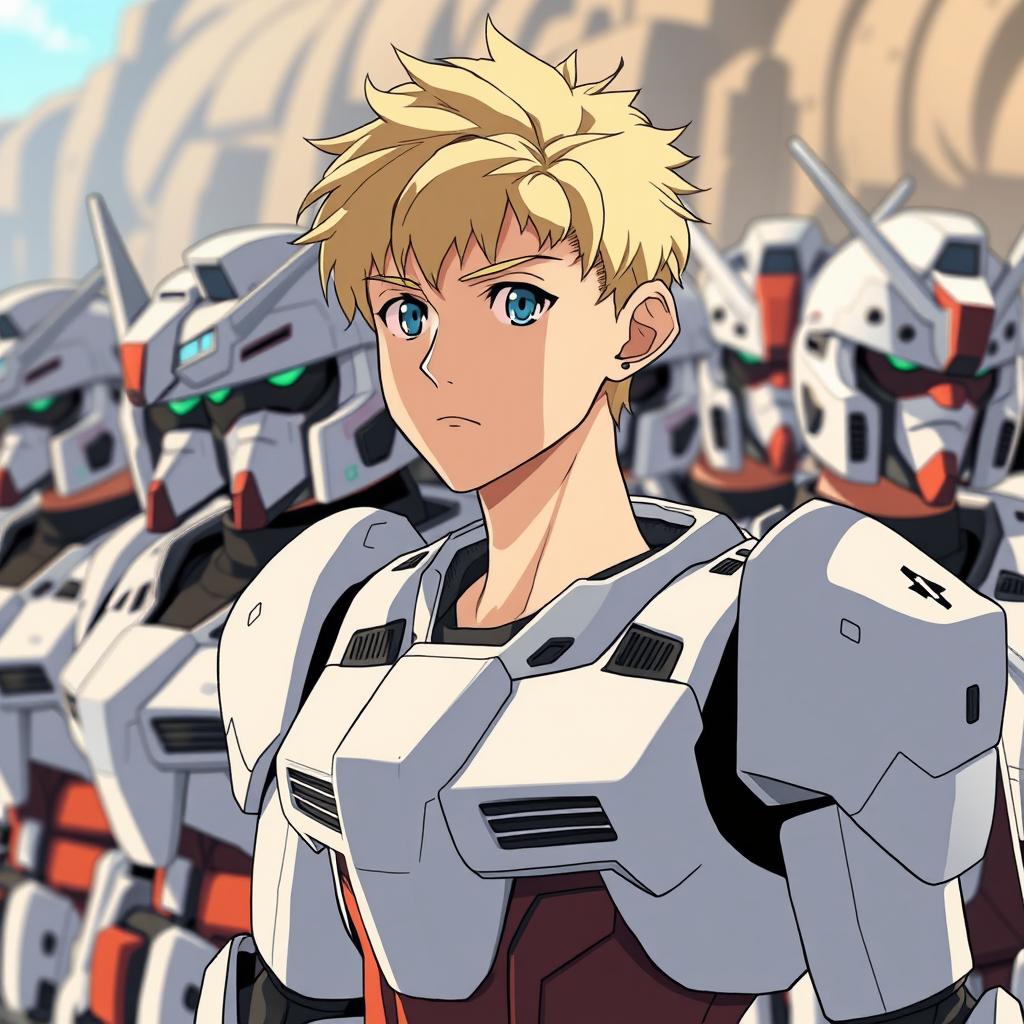 A young man in his 20s with blonde hair and blue eyes, wearing a white Gundam-inspired exoskeleton, standing in a queue with other serious-looking soldiers