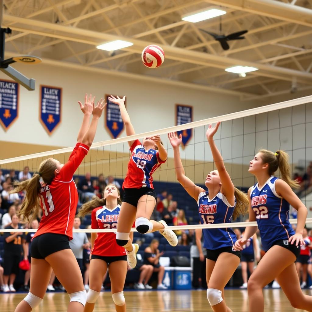 A dynamic volleyball action scene featuring a high school Legion volleyball team