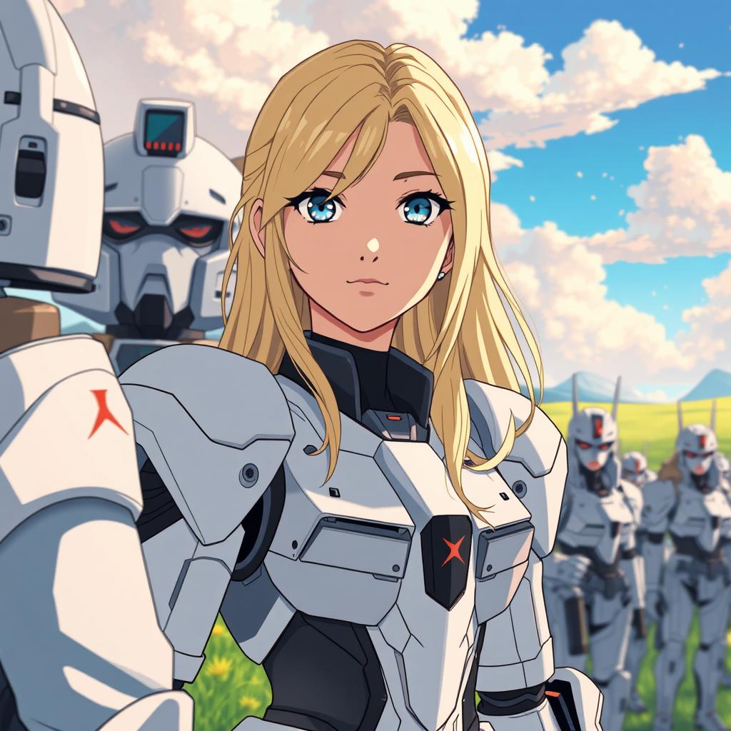 A woman in her 20s wearing a white Gundam-inspired exoskeleton, lined up in a queue with other serious-looking soldiers