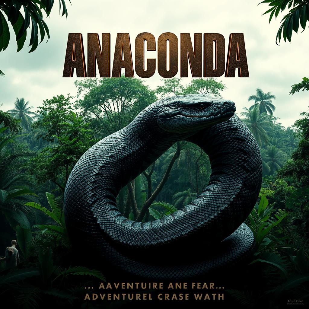 A captivating remake of the movie poster for 'Anaconda', featuring a gigantic, menacing anaconda coiled in the foreground, its scales glistening under the dense jungle foliage