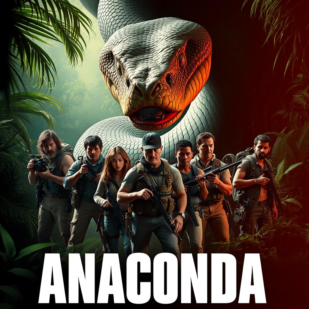 A dramatic and intense movie poster of a giant snake, inspired by the classic film 'Anaconda'