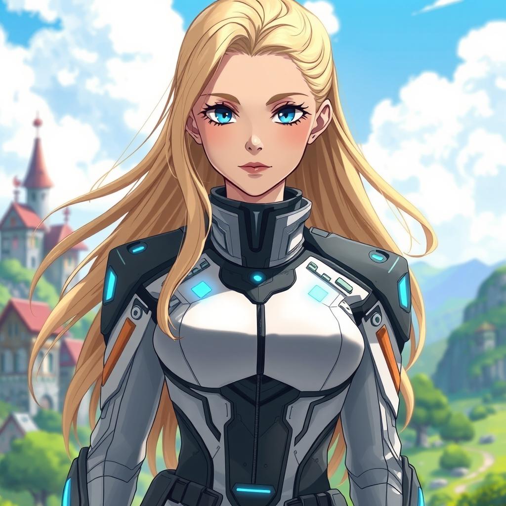 A woman in her 20s wearing a sleek, futuristic military uniform with advanced technology elements, featuring holographic displays and a dynamic design