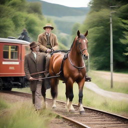 Update to the scene: The horse and the man, previously in a humorous horse-riding-man scenario, now companionably riding together on an old-fashioned train through scenic countryside.