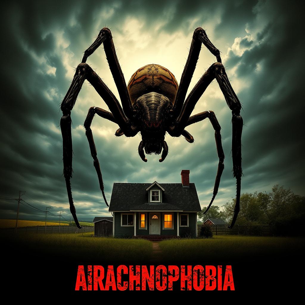 A reimagined movie poster for 'Arachnophobia', featuring a giant, menacing spider looming over a small suburban house, with dark, ominous clouds swirling in the background