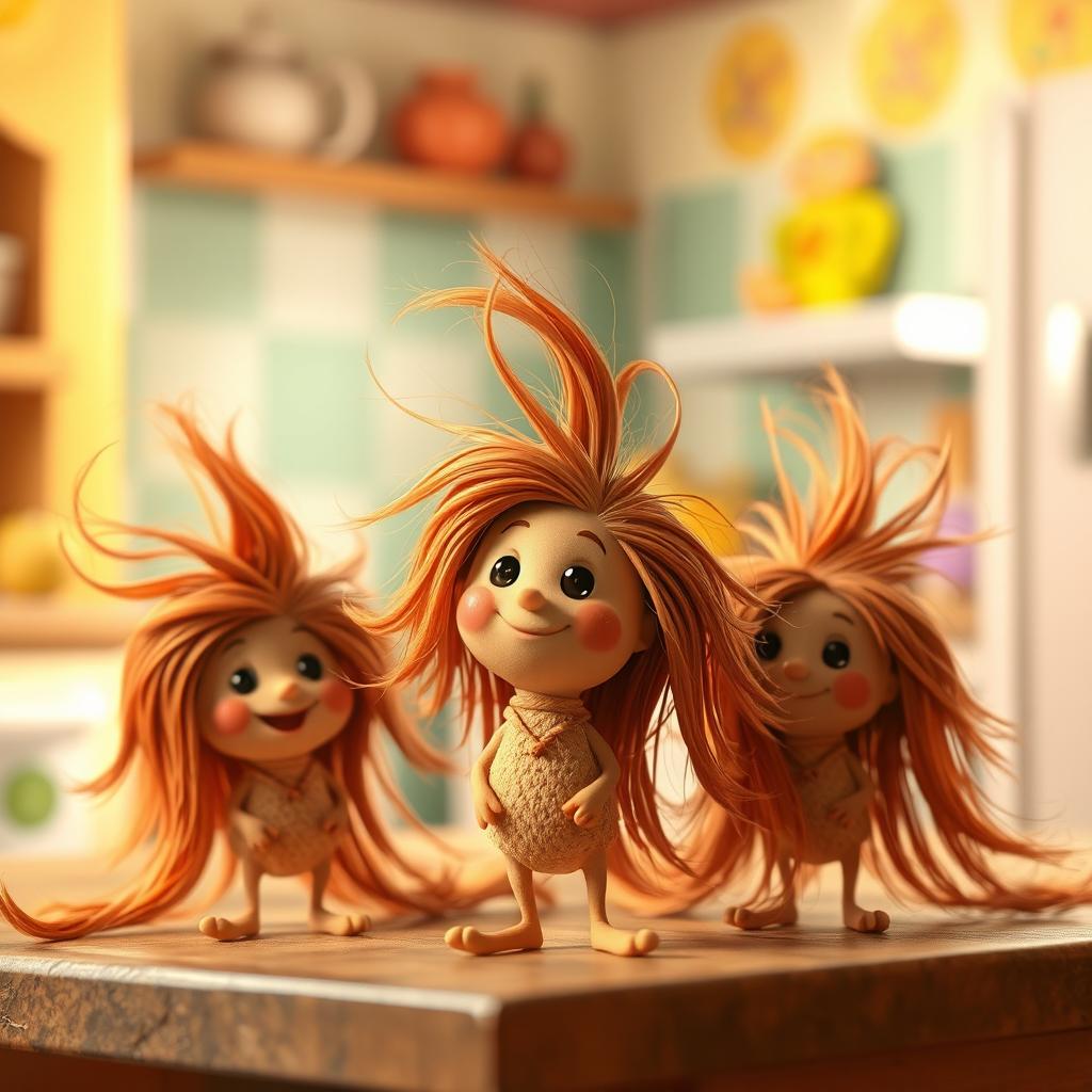 A whimsical and imaginative scene featuring cute, tiny crumbs with very long and thick hair in a reddish brown color