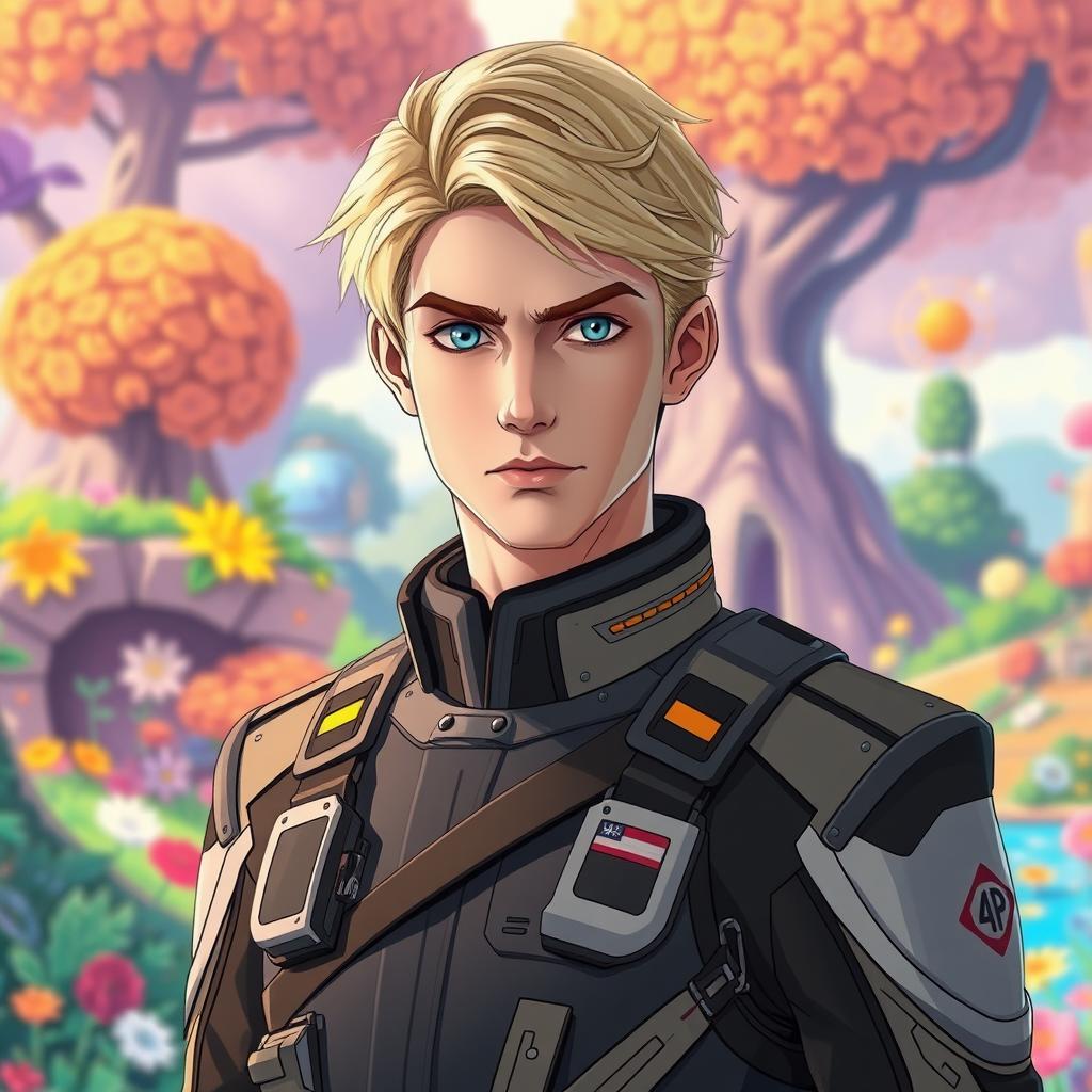 A serious man in his 20s with blond hair and striking blue eyes, dressed in a futuristic military uniform, standing confidently