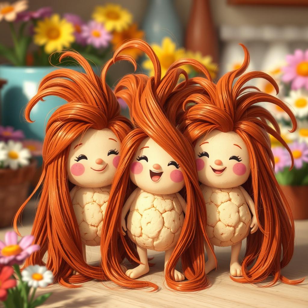 A whimsical and cute depiction of tiny crumbs, each sporting very long and thick hair that is a beautiful reddish brown