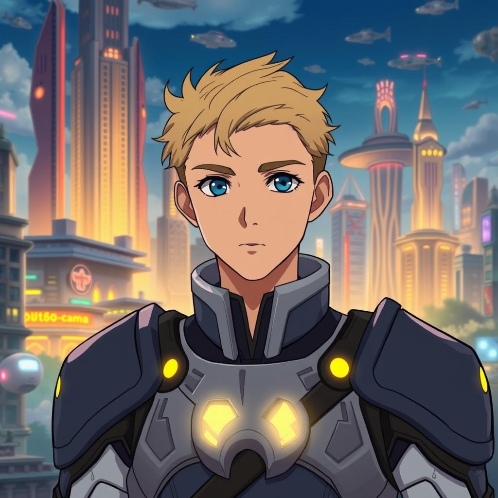 A young man in his 20s wearing a futuristic military uniform, featuring sleek armor and glowing insignias