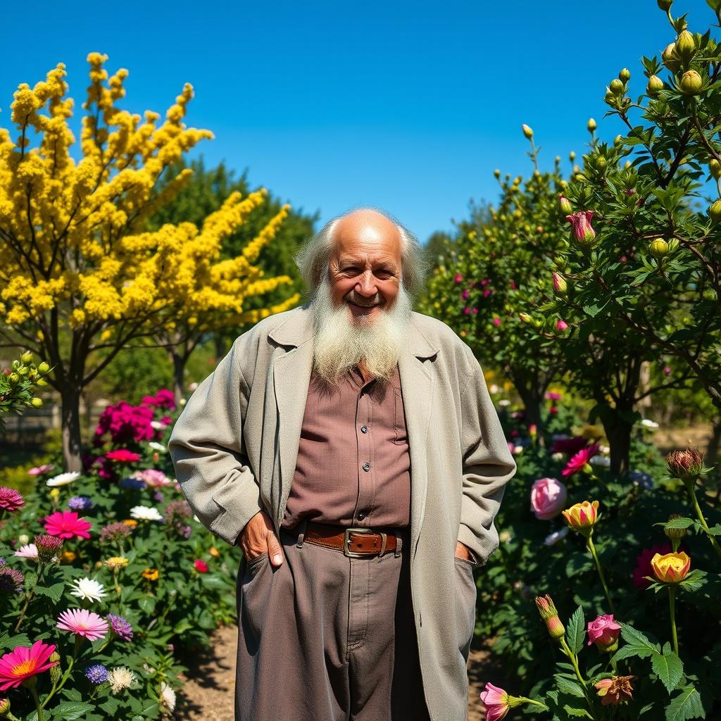 A wise and elderly person, showcasing remarkable vitality and spirit, stands confidently in a lush, vibrant garden