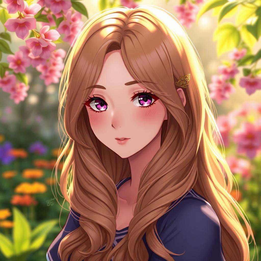A character with beautiful blonde-brown hair, styled in loose waves that gracefully cascade over their shoulders