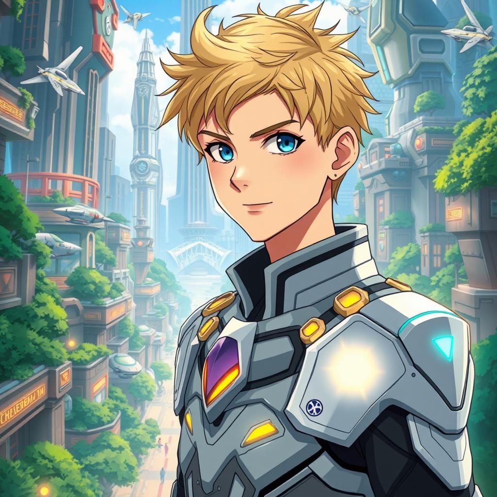A young man in his 20s with short, stylish blond hair and striking blue eyes, dressed in a futuristic military uniform that features sleek armor with intricate designs and glowing accents
