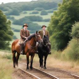 Update to the scene: The horse and the man, previously in a humorous horse-riding-man scenario, now companionably riding together on an old-fashioned train through scenic countryside.