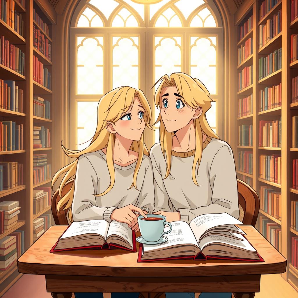 A man and woman in their 20s sharing sweet moments in a cozy library, surrounded by shelves of books