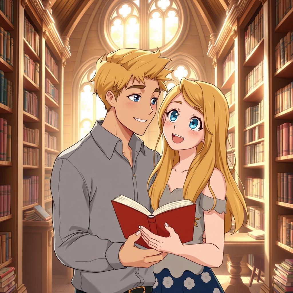 A man and woman in their 20s sharing sweet moments in a charming library, filled with tall wooden bookshelves and cozy reading nooks
