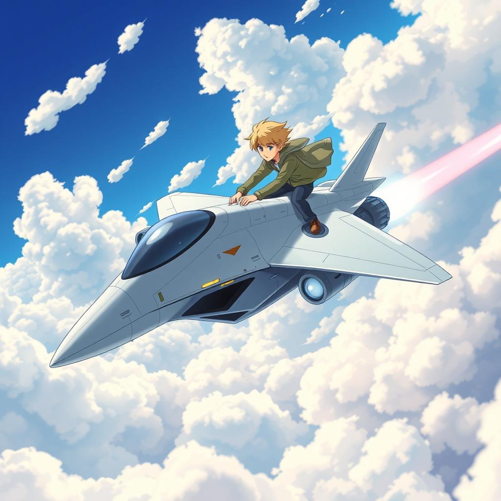 A man with blond hair and blue eyes riding on a sleek, futuristic fighter jet, soaring through a vibrant sky filled with fluffy clouds