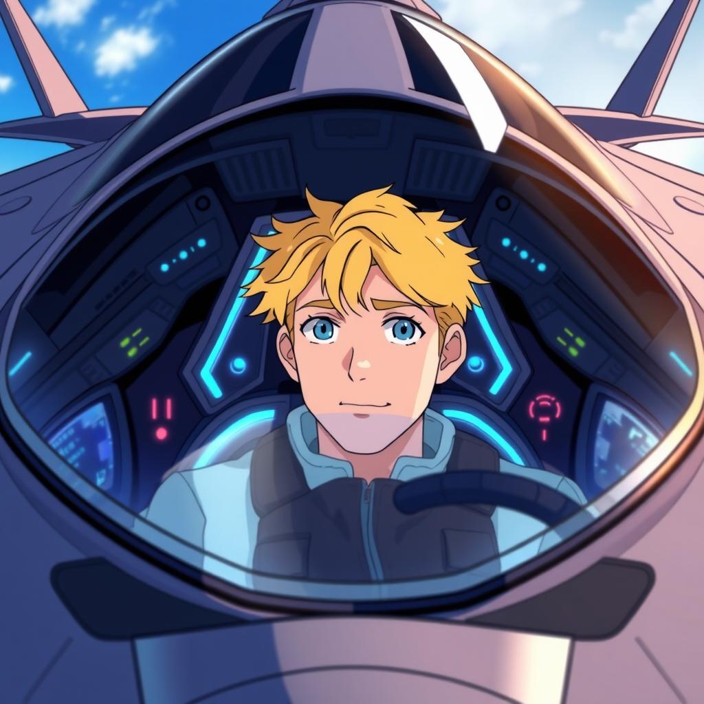 A man in his 20s with blond hair and blue eyes, seated in the cockpit of a sleek, futuristic fighter jet