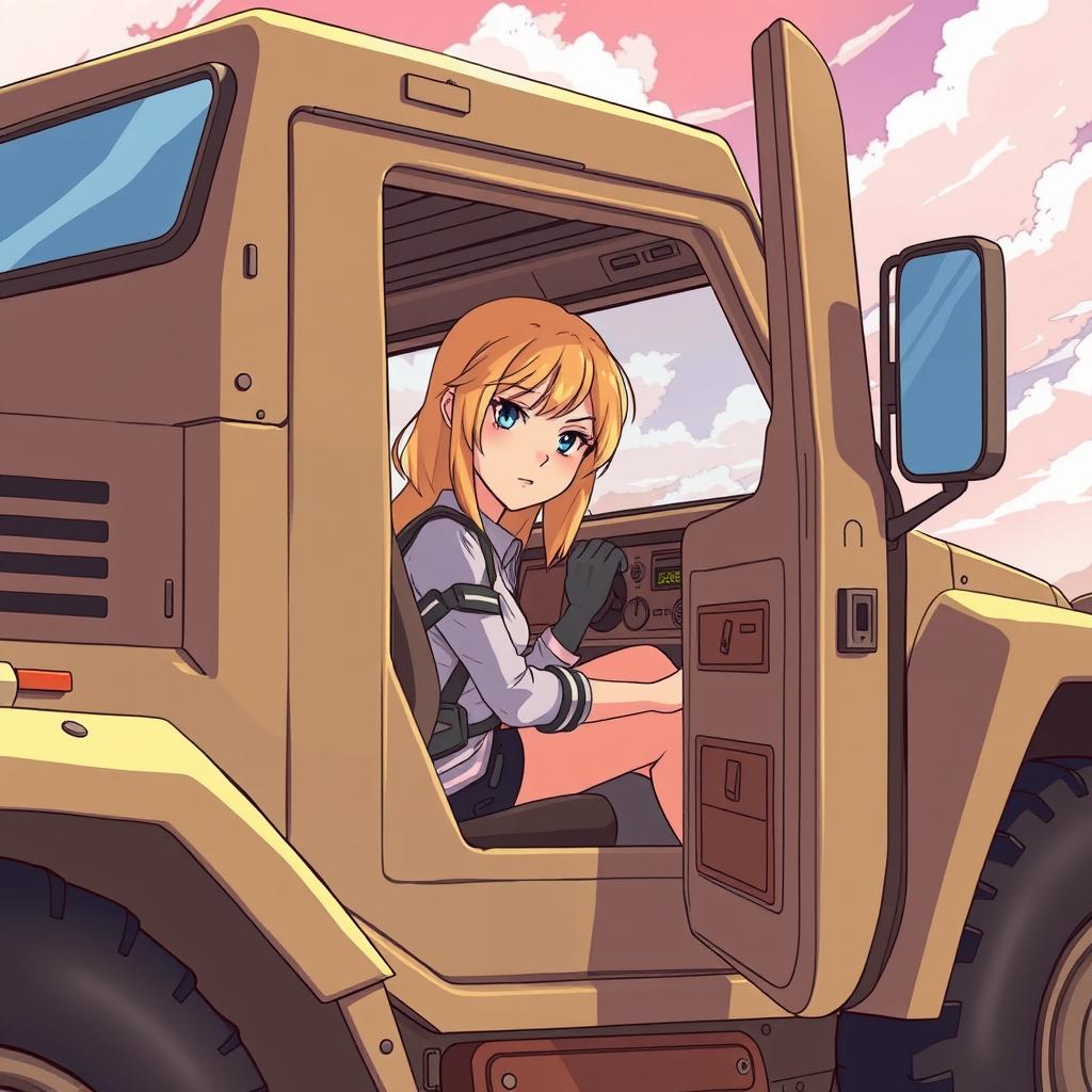 A woman in her 20s with blond hair and blue eyes sitting in the driver's seat of a futuristic military truck, which has a unique and imaginative design